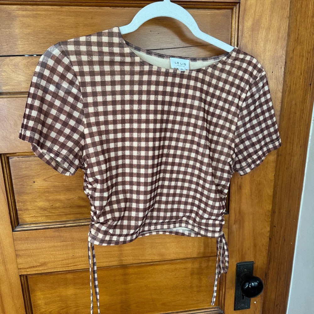 Le Lis Brown and Cream Gingham Cropped Tie-Hem Top